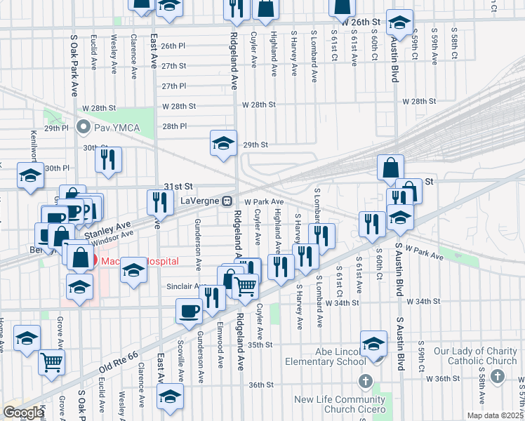 map of restaurants, bars, coffee shops, grocery stores, and more near 3133 Cuyler Avenue in Berwyn