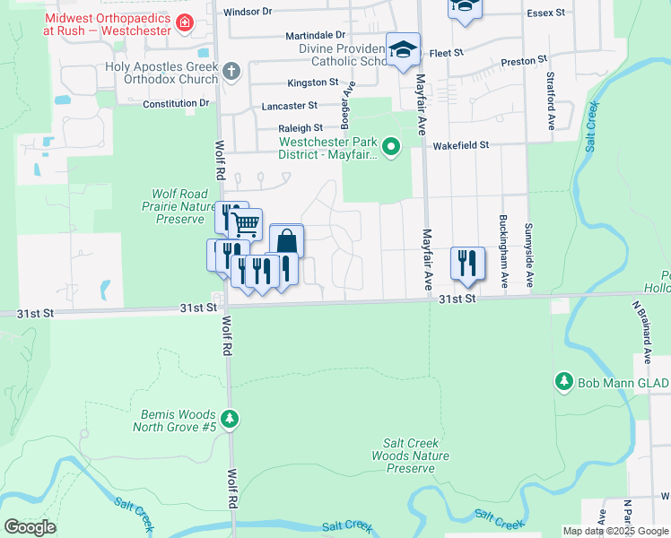 map of restaurants, bars, coffee shops, grocery stores, and more near 3029 Carlton Court in Westchester