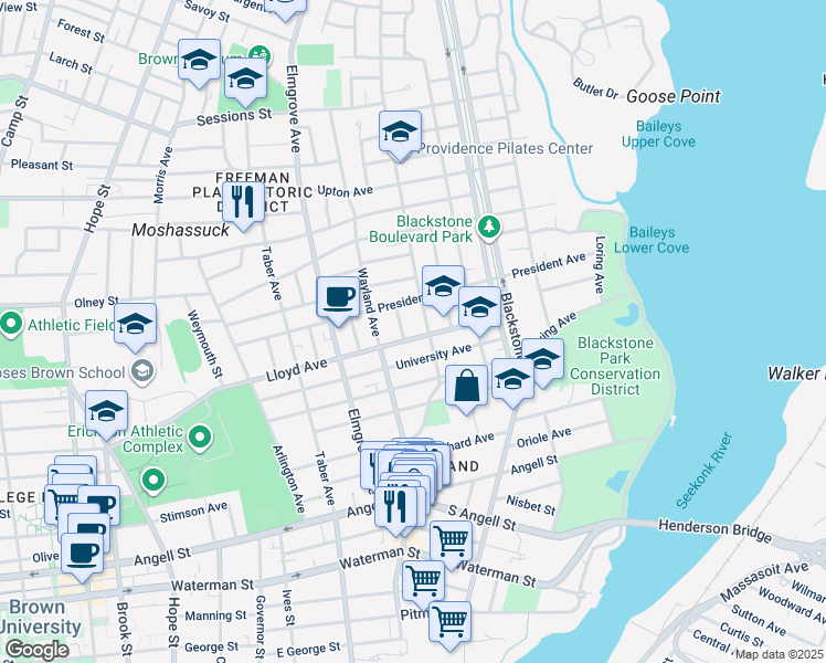 map of restaurants, bars, coffee shops, grocery stores, and more near 488 Lloyd Avenue in Providence