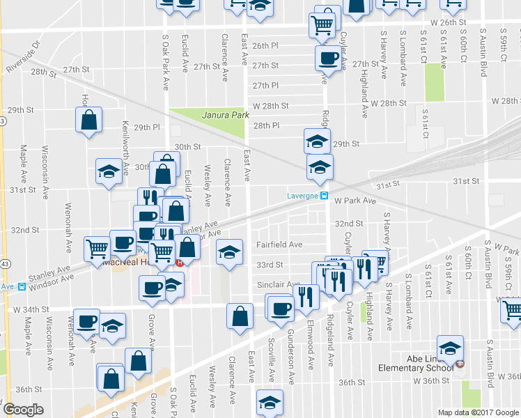 map of restaurants, bars, coffee shops, grocery stores, and more near 6535 Stanley Avenue in Berwyn
