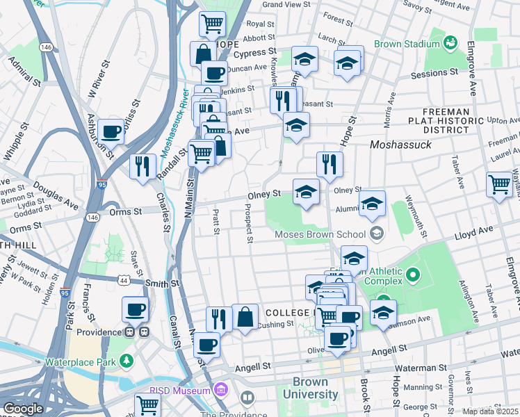 map of restaurants, bars, coffee shops, grocery stores, and more near 46 Hidden Street in Providence