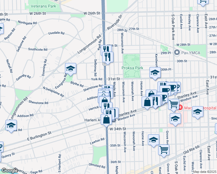 map of restaurants, bars, coffee shops, grocery stores, and more near 3121 South Harlem Avenue in Berwyn