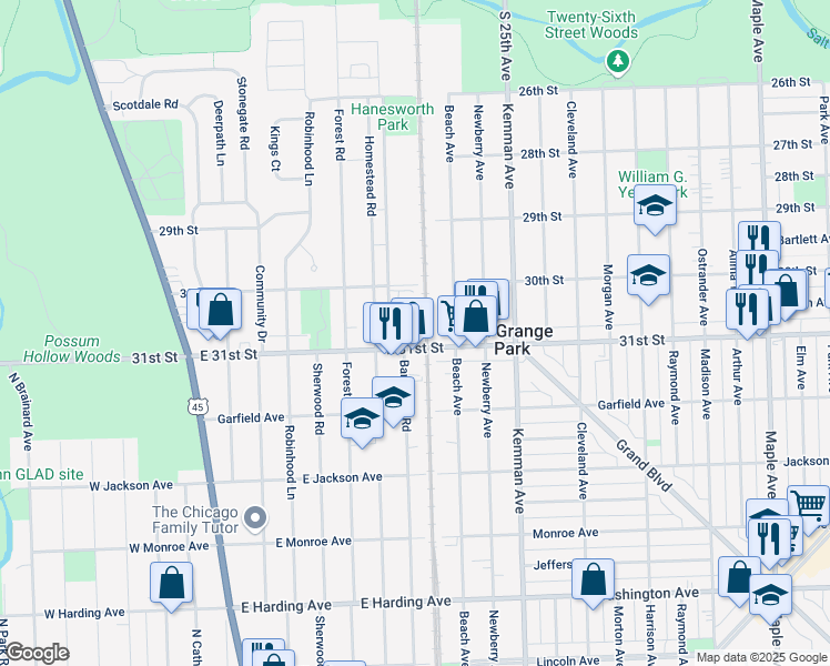 map of restaurants, bars, coffee shops, grocery stores, and more near 805 East 31st Street in La Grange Park