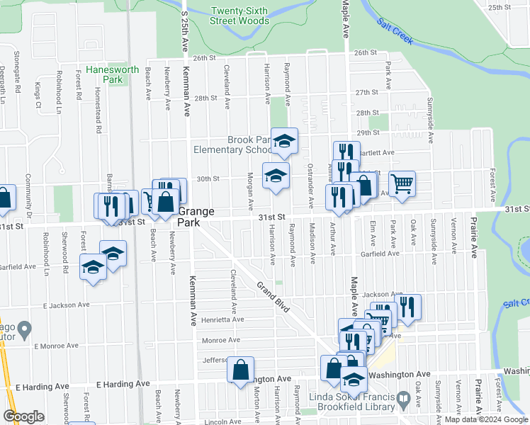 map of restaurants, bars, coffee shops, grocery stores, and more near 1515 31st Street in La Grange Park