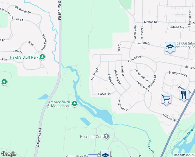 map of restaurants, bars, coffee shops, grocery stores, and more near 1205 Donat Court in Batavia