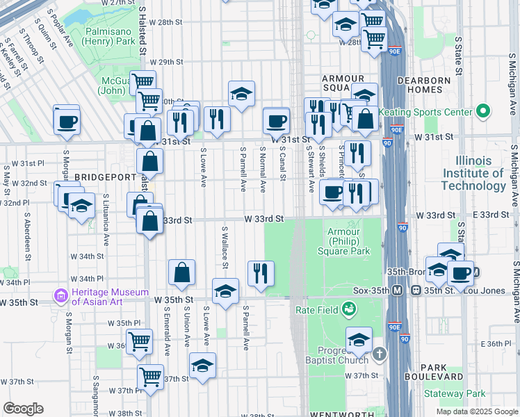 map of restaurants, bars, coffee shops, grocery stores, and more near 3242 South Normal Avenue in Chicago