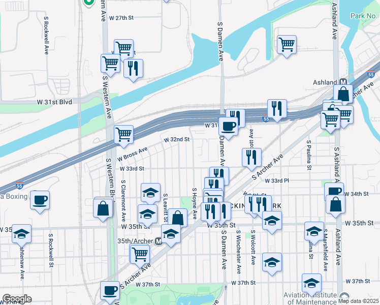 map of restaurants, bars, coffee shops, grocery stores, and more near 3230 South Hoyne Avenue in Chicago