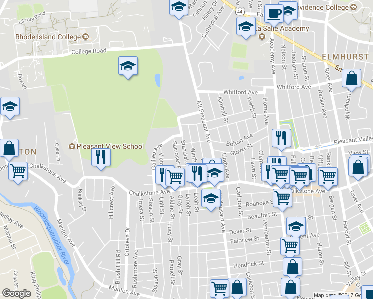 map of restaurants, bars, coffee shops, grocery stores, and more near 83 Standish Avenue in Providence