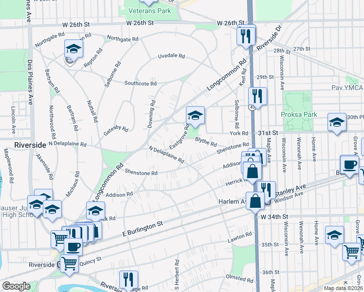 map of restaurants, bars, coffee shops, grocery stores, and more near 331 Eastgrove Road in Riverside