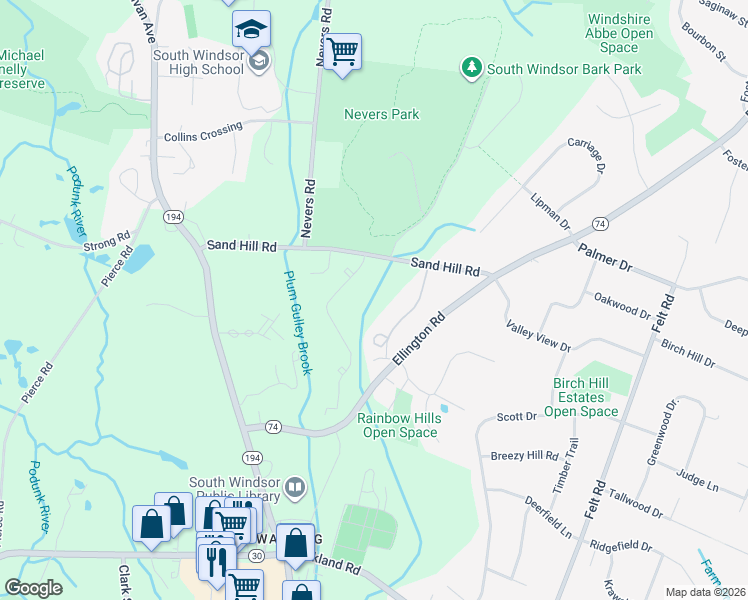 map of restaurants, bars, coffee shops, grocery stores, and more near 237 Sand Hill Road in South Windsor