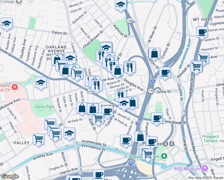 map of restaurants, bars, coffee shops, grocery stores, and more near 82 Lydia Street in Providence