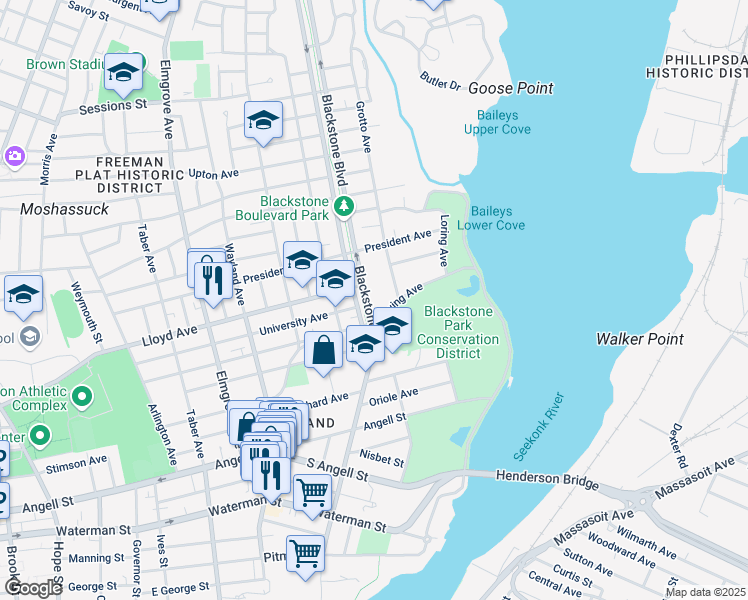 map of restaurants, bars, coffee shops, grocery stores, and more near 59 Blackstone Boulevard in Providence