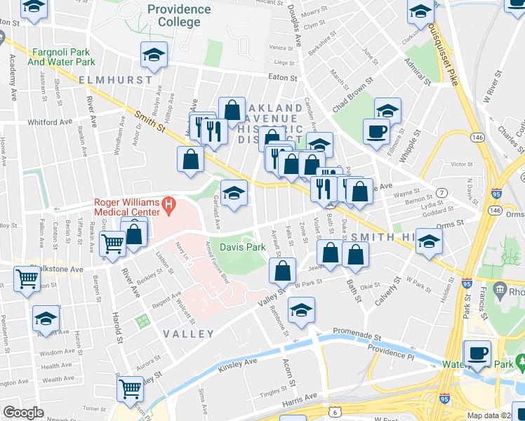 map of restaurants, bars, coffee shops, grocery stores, and more near 37 Richter Street in Providence