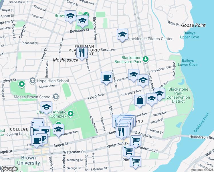 map of restaurants, bars, coffee shops, grocery stores, and more near 155 Elmgrove Avenue in Providence