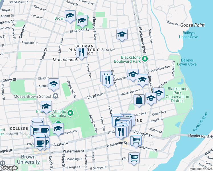 map of restaurants, bars, coffee shops, grocery stores, and more near 155 Elmgrove Avenue in Providence
