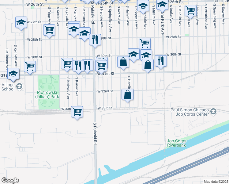 map of restaurants, bars, coffee shops, grocery stores, and more near 3201 South Springfield Avenue in Chicago