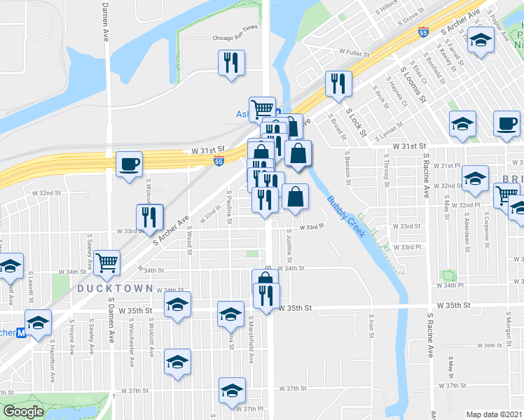map of restaurants, bars, coffee shops, grocery stores, and more near 3216 South Ashland Avenue in Chicago