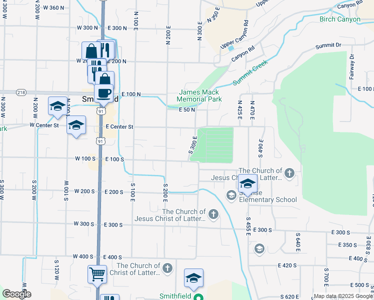 map of restaurants, bars, coffee shops, grocery stores, and more near 59 South 300 East in Smithfield