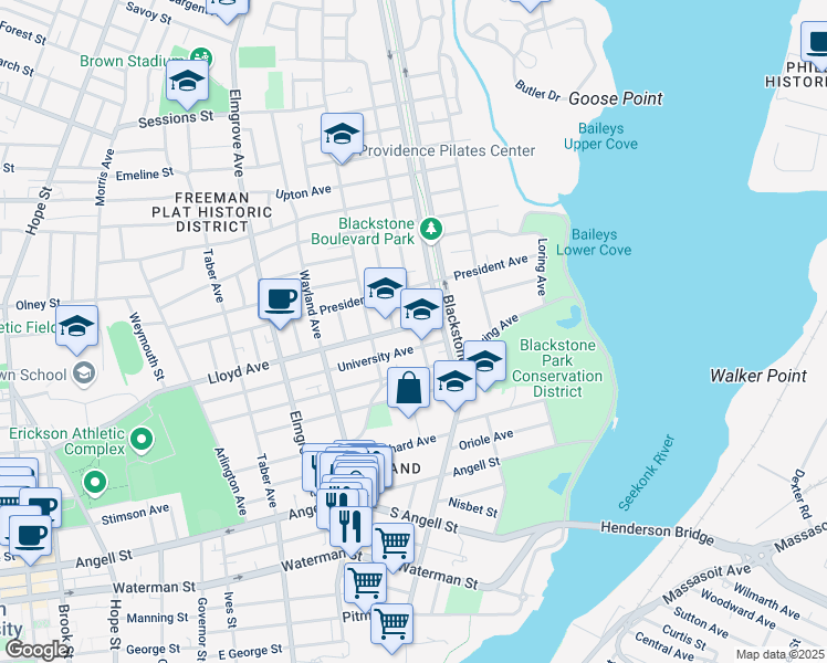 map of restaurants, bars, coffee shops, grocery stores, and more near 555 Lloyd Avenue in Providence