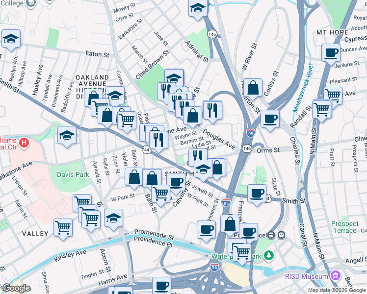 map of restaurants, bars, coffee shops, grocery stores, and more near 82 Lydia Street in Providence