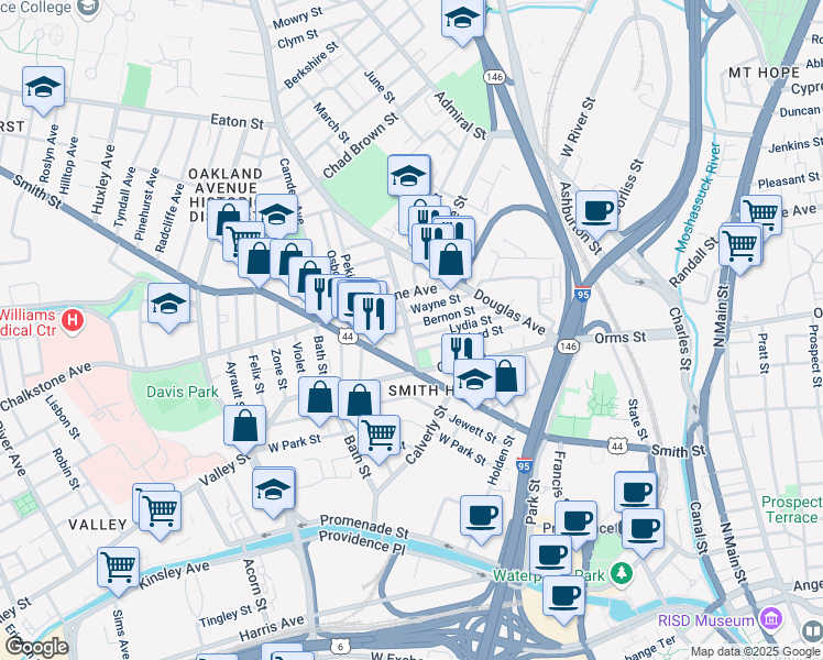 map of restaurants, bars, coffee shops, grocery stores, and more near 28 Candace Street in Providence