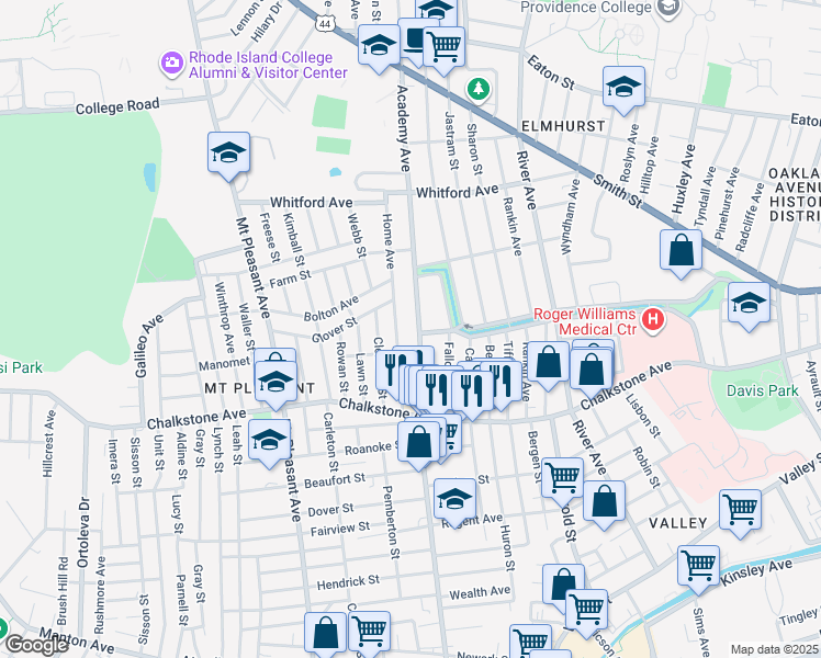 map of restaurants, bars, coffee shops, grocery stores, and more near 85 Home Avenue in Providence