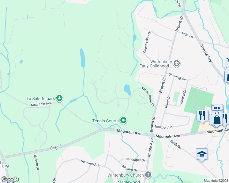 map of restaurants, bars, coffee shops, grocery stores, and more near 25 South Pond Road in Bloomfield