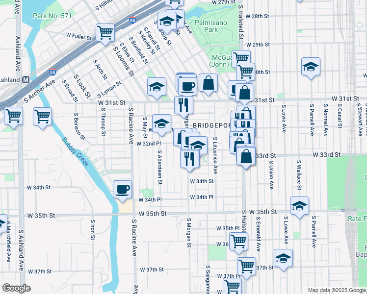 map of restaurants, bars, coffee shops, grocery stores, and more near 3245 South Morgan Street in Chicago