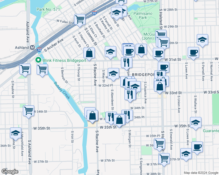map of restaurants, bars, coffee shops, grocery stores, and more near 3228 South Aberdeen Street in Chicago