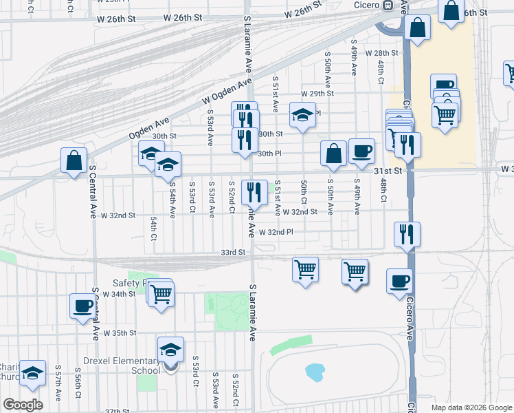 map of restaurants, bars, coffee shops, grocery stores, and more near 5118 West 32nd Street in Cicero