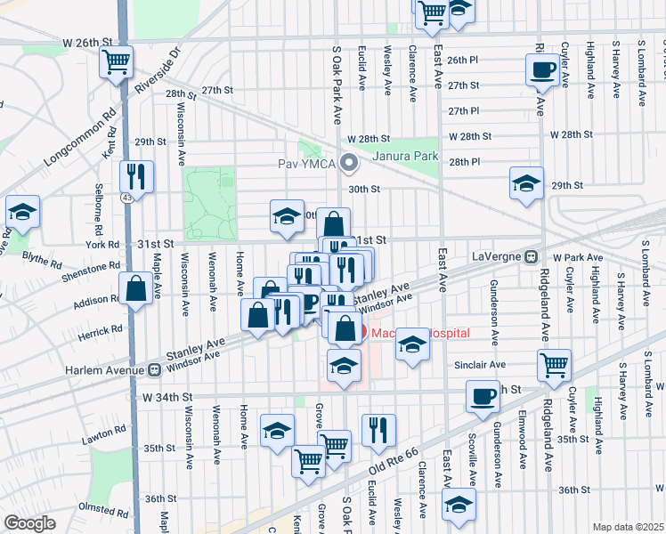 map of restaurants, bars, coffee shops, grocery stores, and more near 3122 Oak Park Avenue in Berwyn