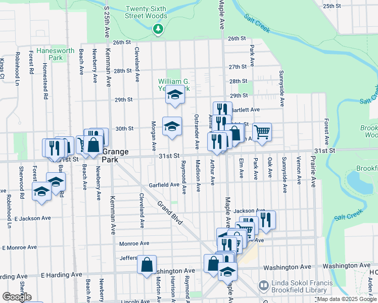 map of restaurants, bars, coffee shops, grocery stores, and more near 1709 East 31st Street in La Grange Park