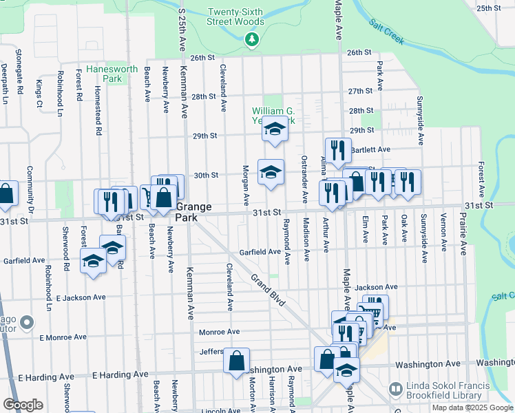 map of restaurants, bars, coffee shops, grocery stores, and more near 1417 East 31st Street in La Grange Park
