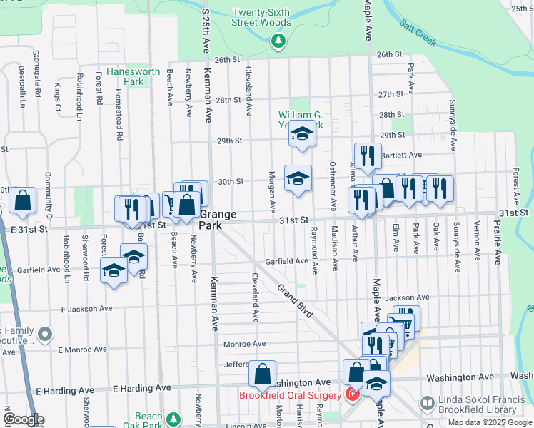 map of restaurants, bars, coffee shops, grocery stores, and more near 1417 East 31st Street in La Grange Park