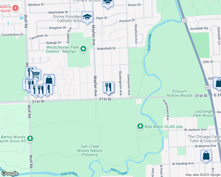 map of restaurants, bars, coffee shops, grocery stores, and more near 3023 Kensington Avenue in Westchester
