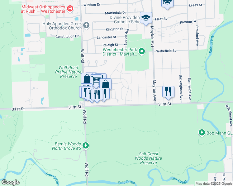 map of restaurants, bars, coffee shops, grocery stores, and more near 3029 Carlton Court in Westchester