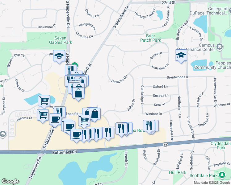 map of restaurants, bars, coffee shops, grocery stores, and more near 45 Kensington Circle in Wheaton