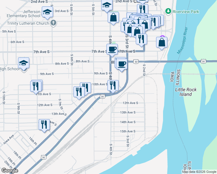map of restaurants, bars, coffee shops, grocery stores, and more near 1004 Lincoln Highway in Clinton