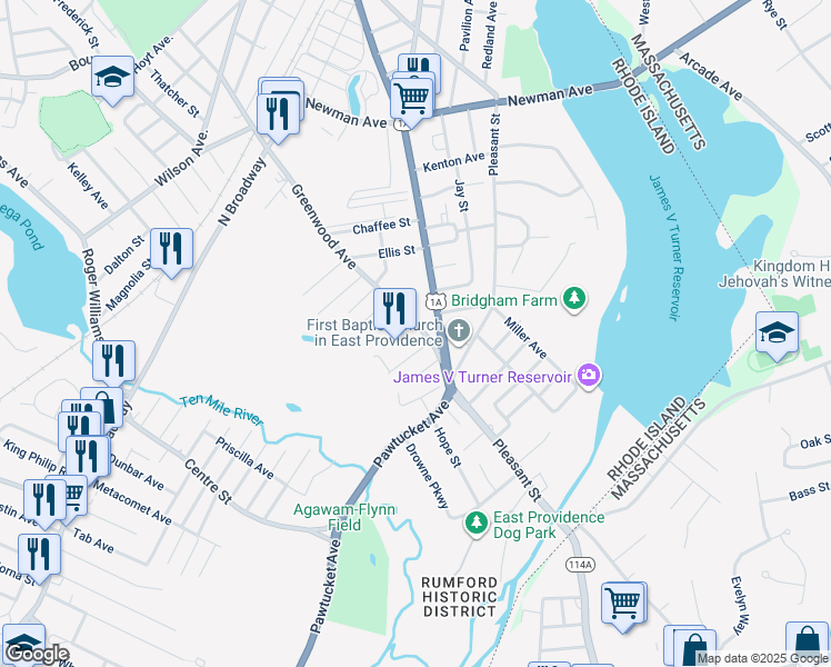 map of restaurants, bars, coffee shops, grocery stores, and more near 60 Greenwood Avenue in East Providence