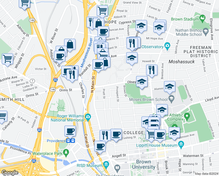 map of restaurants, bars, coffee shops, grocery stores, and more near 9 Hidden Street in Providence