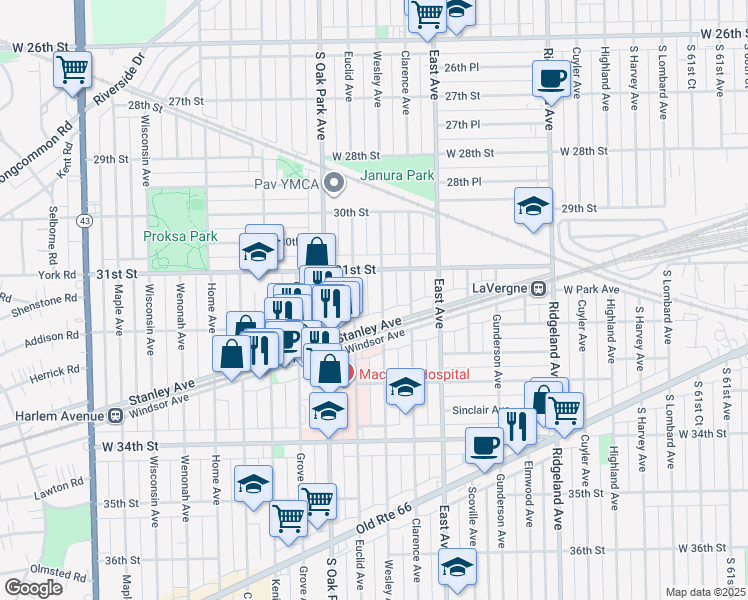 map of restaurants, bars, coffee shops, grocery stores, and more near 3126 Wesley Avenue in Berwyn
