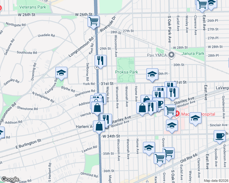 map of restaurants, bars, coffee shops, grocery stores, and more near 3120 Wisconsin Avenue in Berwyn