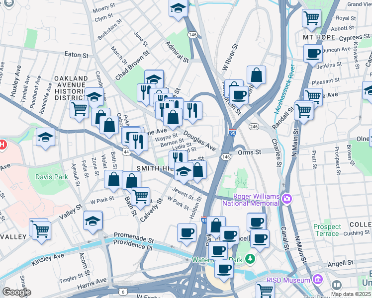 map of restaurants, bars, coffee shops, grocery stores, and more near 41 Goddard Street in Providence