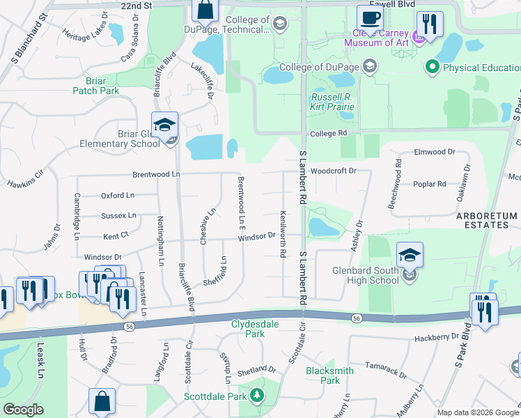 map of restaurants, bars, coffee shops, grocery stores, and more near 304 Saint James Court in Glen Ellyn