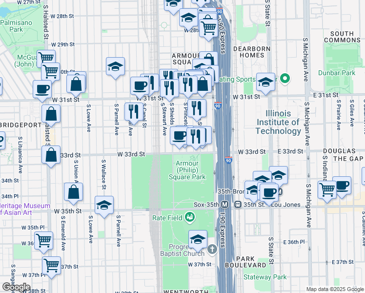 map of restaurants, bars, coffee shops, grocery stores, and more near 3246 South Princeton Avenue in Chicago