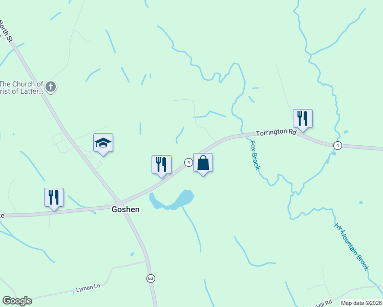map of restaurants, bars, coffee shops, grocery stores, and more near 79 Torrington Road in Goshen