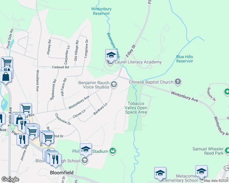 map of restaurants, bars, coffee shops, grocery stores, and more near 7 Banbury Lane in Bloomfield