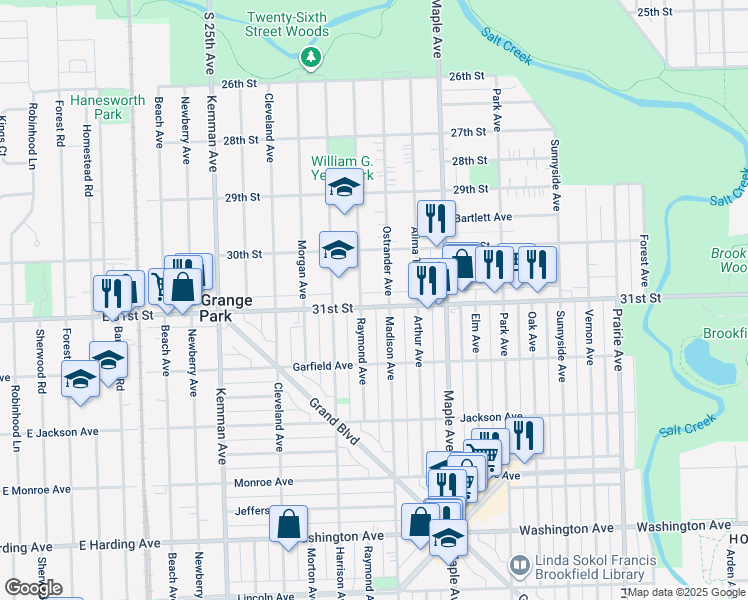 map of restaurants, bars, coffee shops, grocery stores, and more near 1709 East 31st Street in La Grange Park