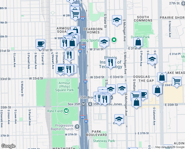 map of restaurants, bars, coffee shops, grocery stores, and more near 3300 South Federal Street in Chicago