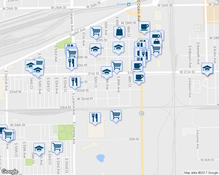 map of restaurants, bars, coffee shops, grocery stores, and more near 4928 West 32nd Street in Cicero